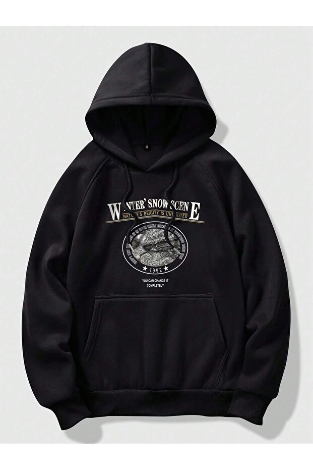 Winter Snow Thick Winter Sweatshirt - Black Printed Oversized Hoodie with Pockets