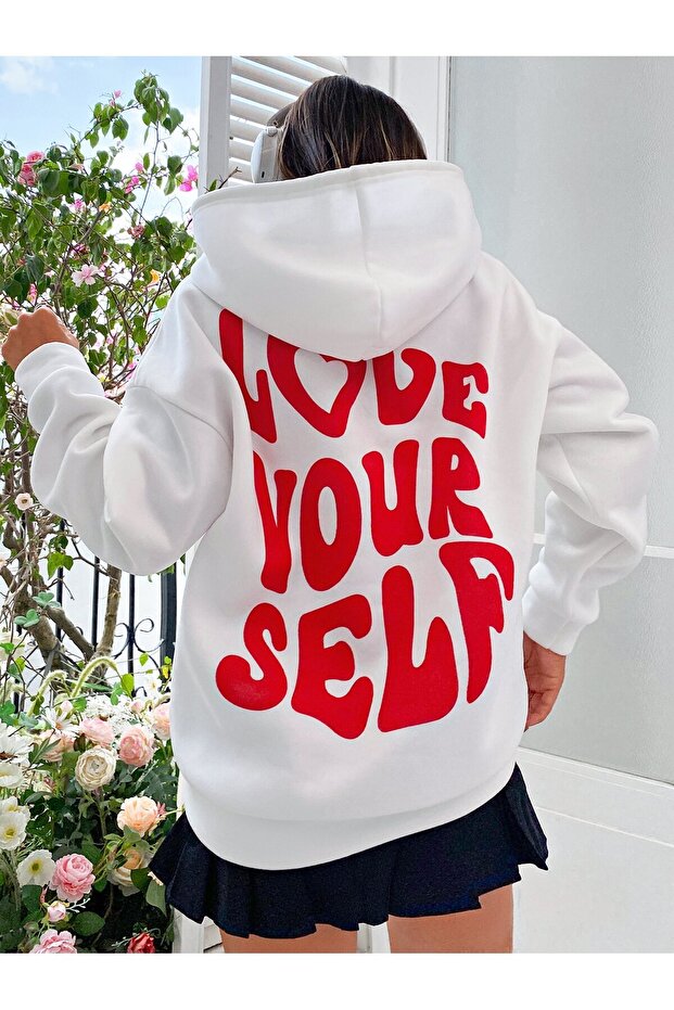 Love Yoursel Thick Winter Sweatshirt - White Printed Oversized Hoodie with Pockets