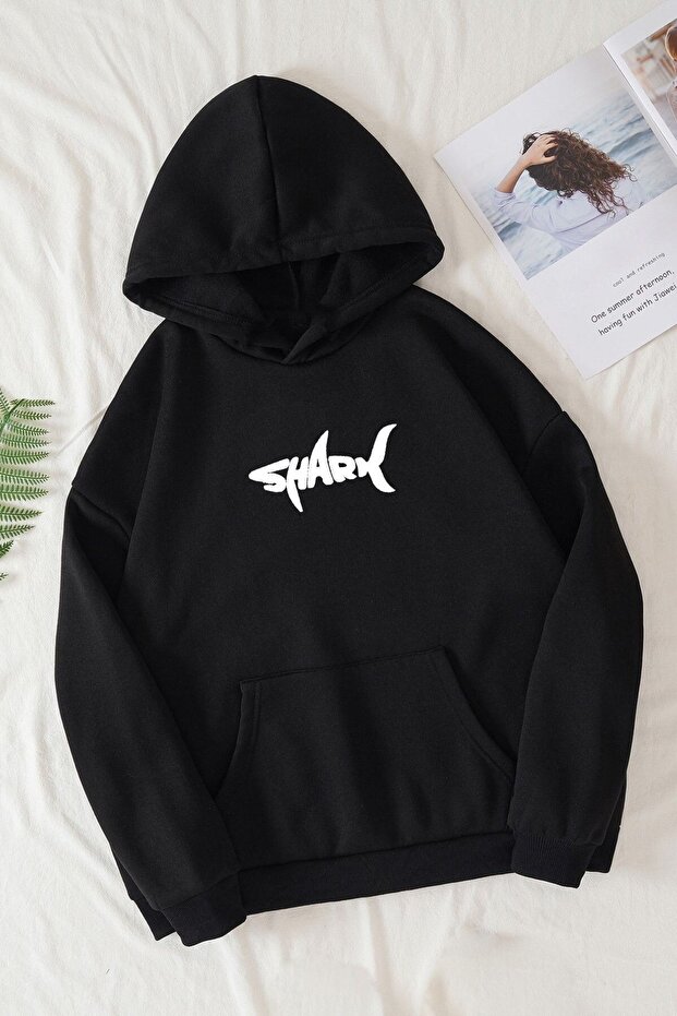 3 İplik Shark Thick Winter Sweatshirt - Black Printed Oversize Hoodie with Raised Pockets