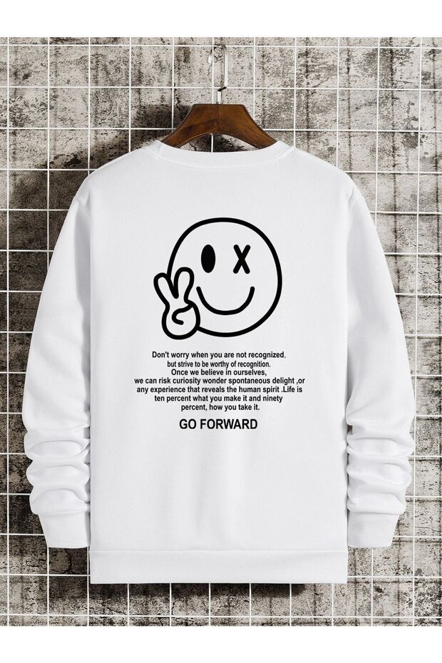 Go Forward White Thick Sweatshirt - Printed Oversized Crew Neck