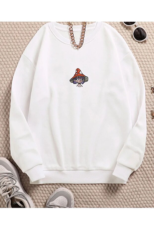 Mushroom Hat Girl Sweatshirt - White Printed Oversized Crew Neck Sweatshirt