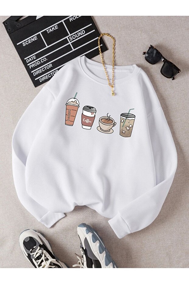 Coffe White Thick Sweatshirt - Printed Oversized Crew Neck