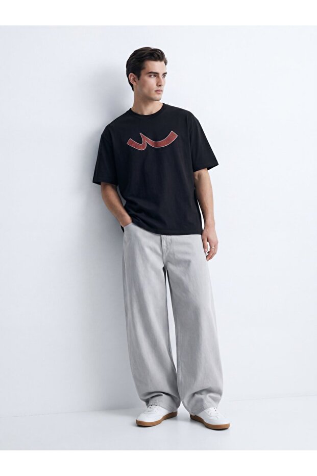 Regular Fit Sign Printed Black T-Shirt