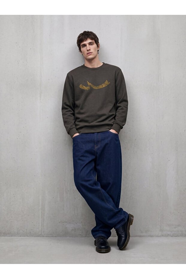 Regular Fit Sign Printed Crew Neck Green Sweatshirt