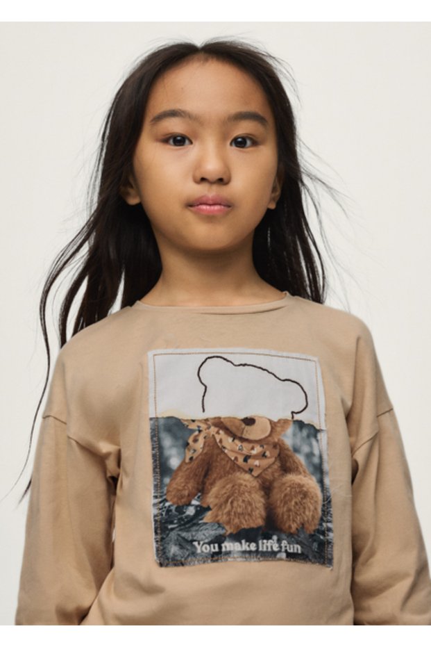 Beige Girls' Printed Long Sleeve T-Shirt 7001