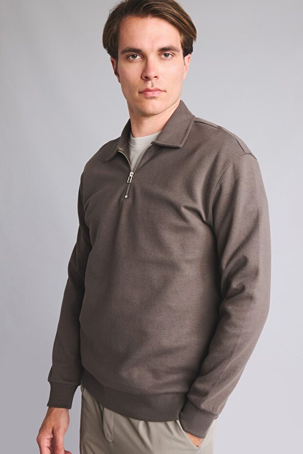 Regular Fit Polo Collar Half Zipper Basic Sweatshirt H5039Ax26Au