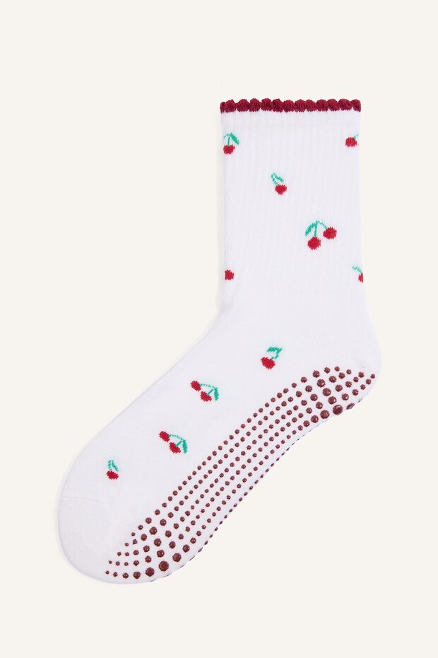 Women's Cherry Patterned Non-Slip Sole Cotton Pilates Socks I3282Axns