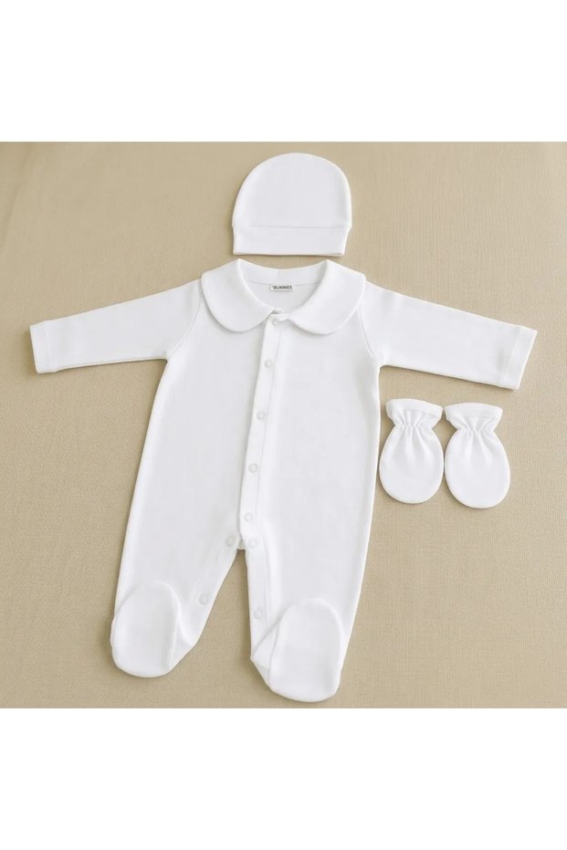 Premium 100% Cotton Baby Collar Newborn Baby Romper Set – White with Hat and Gloves