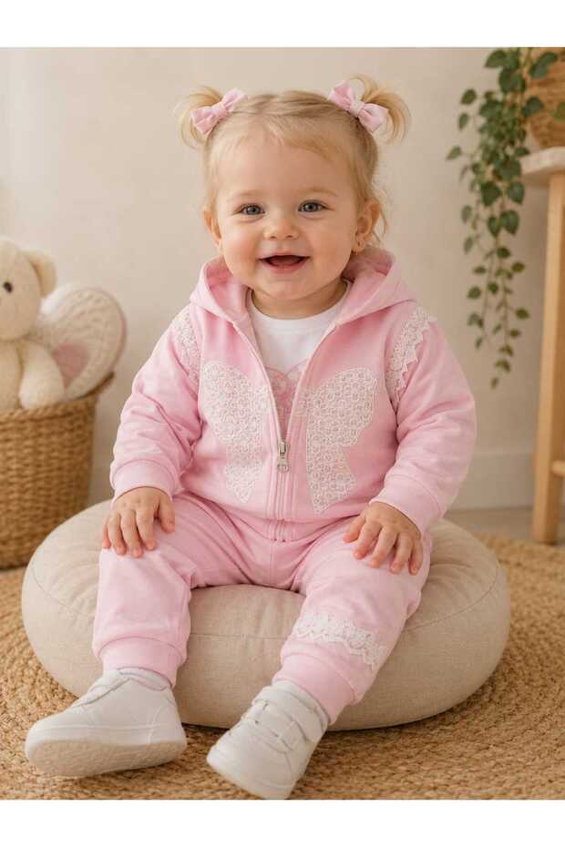 Baby Girl 3-Piece Seasonal Cotton Set with Lace Bow Detail and Hooded Zipper Jacket