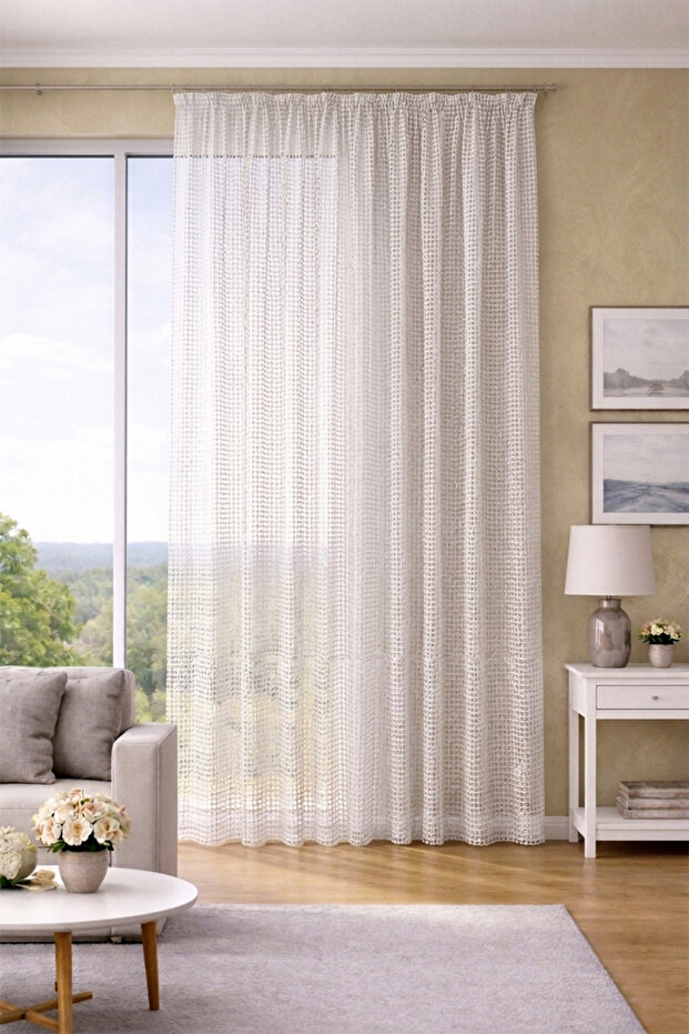 Vega Ecru Custom Size Tulle Curtain 100X260 Without Pleats
