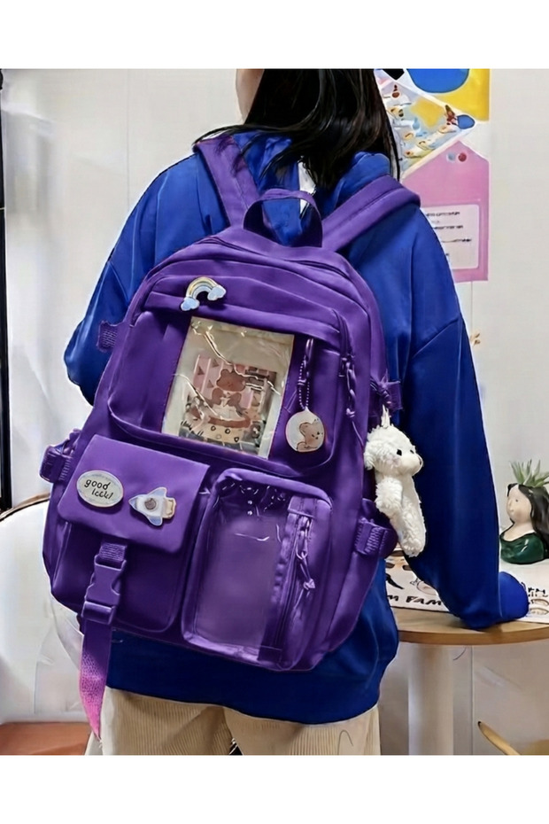 Kawaii Japanese Style School Backpack with Teddy Bear (Badge Not Included)