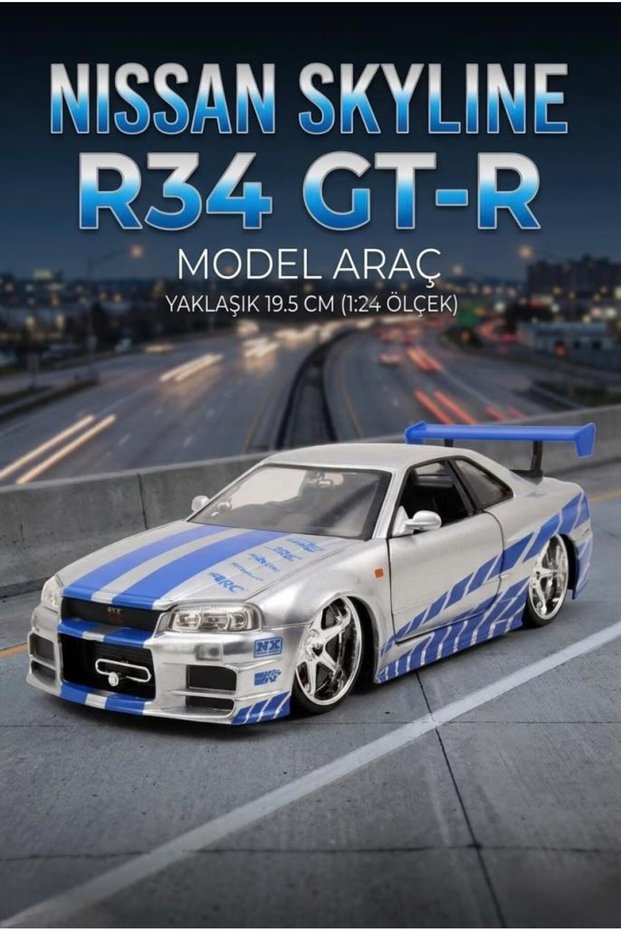 Hobbiez Licensed Nissan Skyline R-34 Model Diecast Car 1/24 Scale Metal Vehicle with Stand