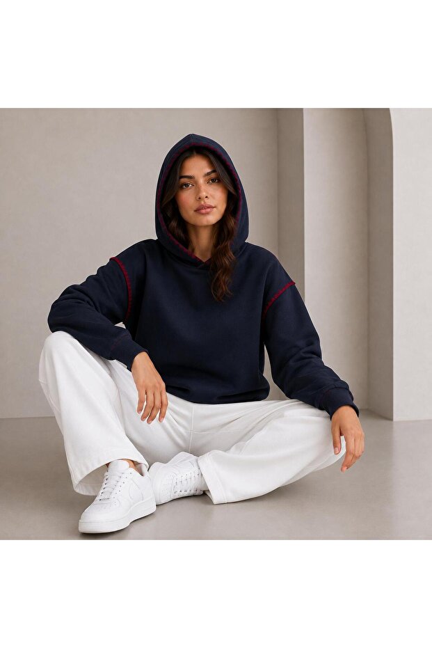 2-Thread Raised Sweatshirt with Hood and Collar and Sleeve Trim Stitching Detail