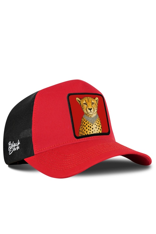 Red-Black Trucker Hat with Leopard Logo