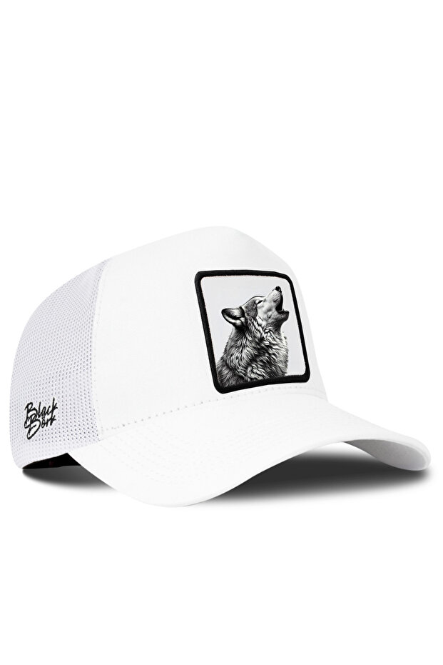 White Trucker Hat with Wolf Logo