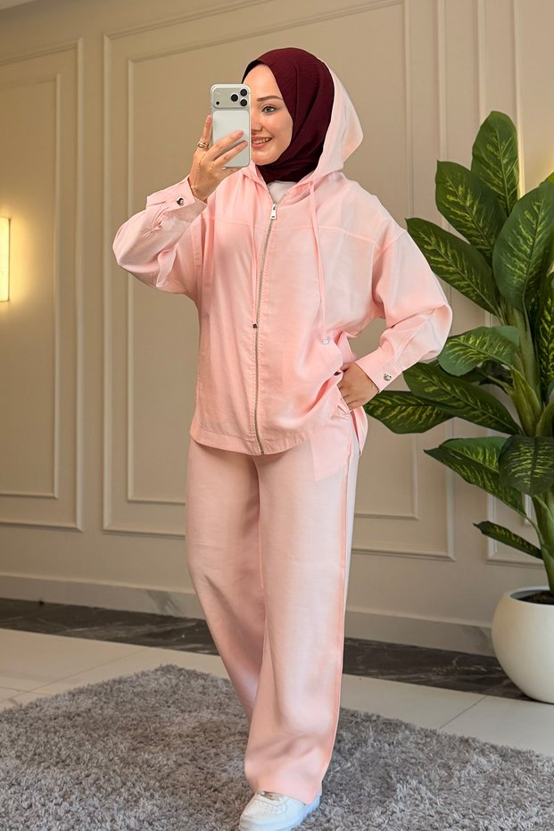 6606 - Stylish Comfortable Modal Soft Knitted Fabric Loose Hooded and Cuff Detail Women's Set