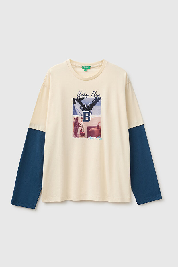Boy's Cream Long Sleeve T-Shirt with Front Print