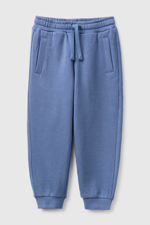 Boys' Blue Ribbed Drawstring Sweatpants with Embroidered Logo on the Front