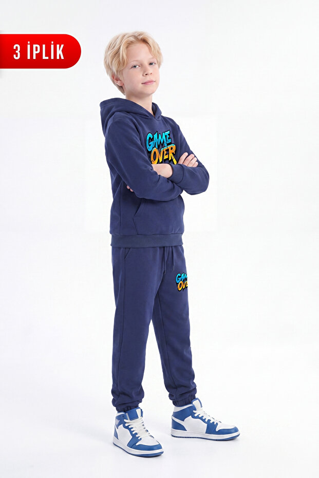 3 Thread Printed Winter Kangaroo Pocket Hooded Boys' Tracksuit Set