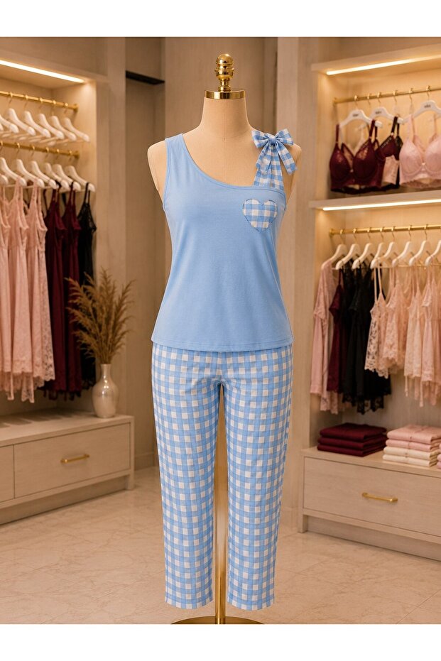 Blue Gingham Patterned Double Pajama Set with Bow and Heart Pocket and Straps