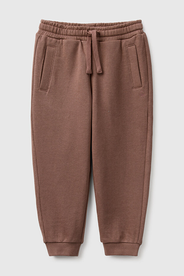Boy's Brown Ribbed Drawstring Sweatpants with Embroidered Logo on the Front