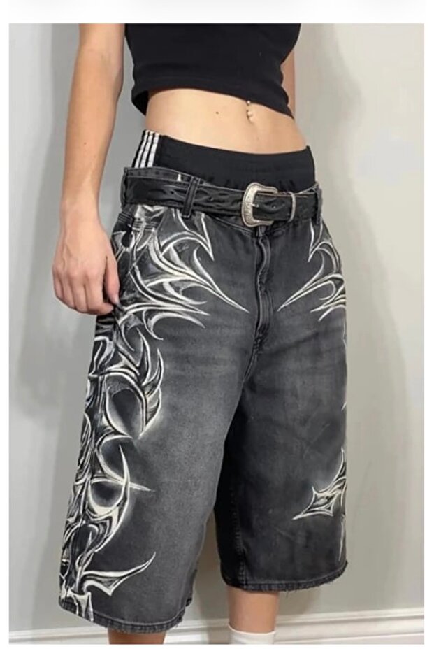 Gothic Tribal Printed Washed Fabric Denim Shorts