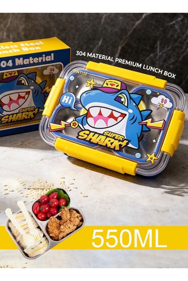 Kids Lunch Box 550ml 304 Stainless Steel Bento Box 3 Compartments Leak Proof Food Container with Fork Spoon BPA Free Cartoon Lunch Box for School Travel Picnic Boys Girls (Shark)