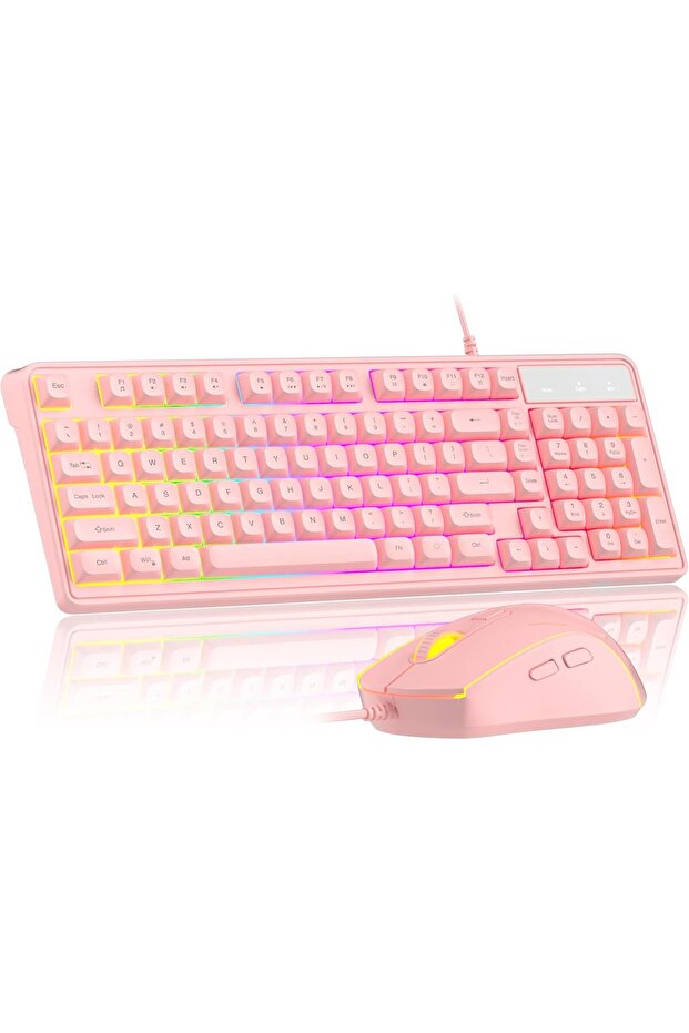 Pink Gaming Keyboard and Mouse Combo, GK980 Wired Backlit Keyboard, Adjustable DPI Mouse for PC/Laptop/MAC
