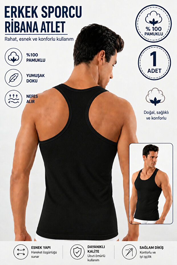 Men's Athlete Ribbed Undershirt (Tutku Authorized Seller) 1 Piece Cotton Flexible Comfortable – Black