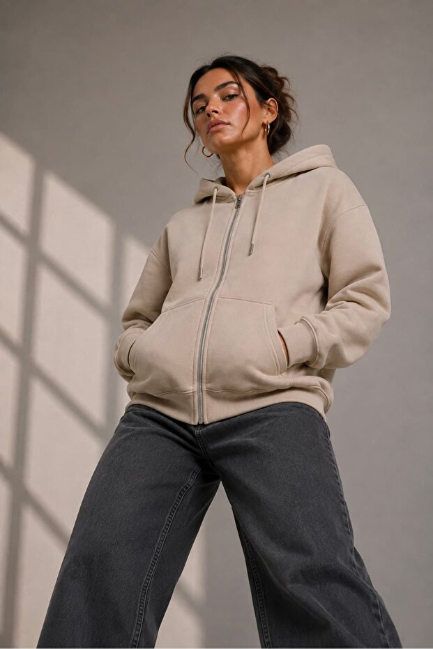 Women's Oversize Zippered Hooded Three-Thread Sweatshirt Cardigan My3535