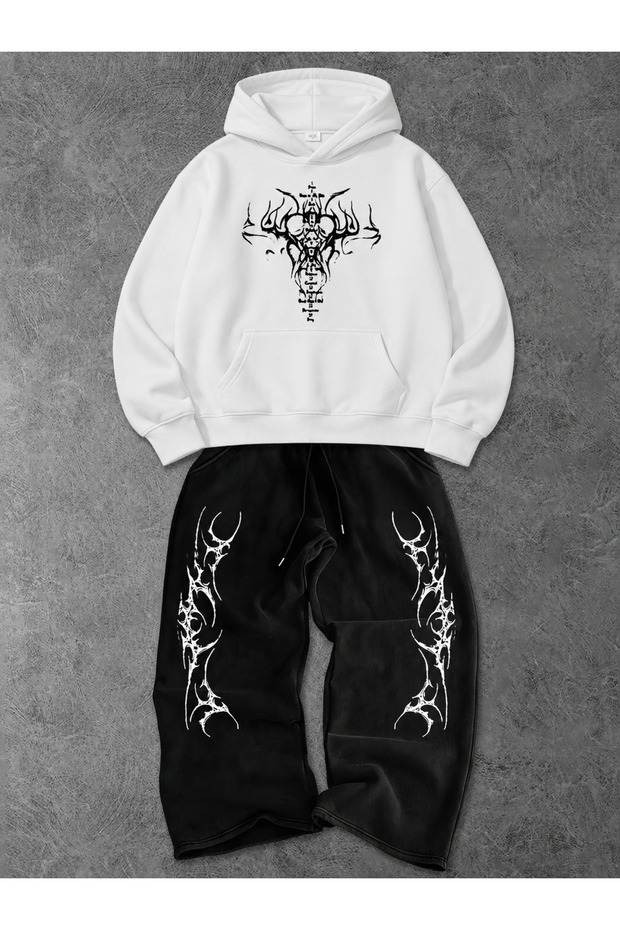 Unisex Women's and Men's Punch Printed Oversize 3 Thread Hooded Sweatshirt and Baggy Sweatpants