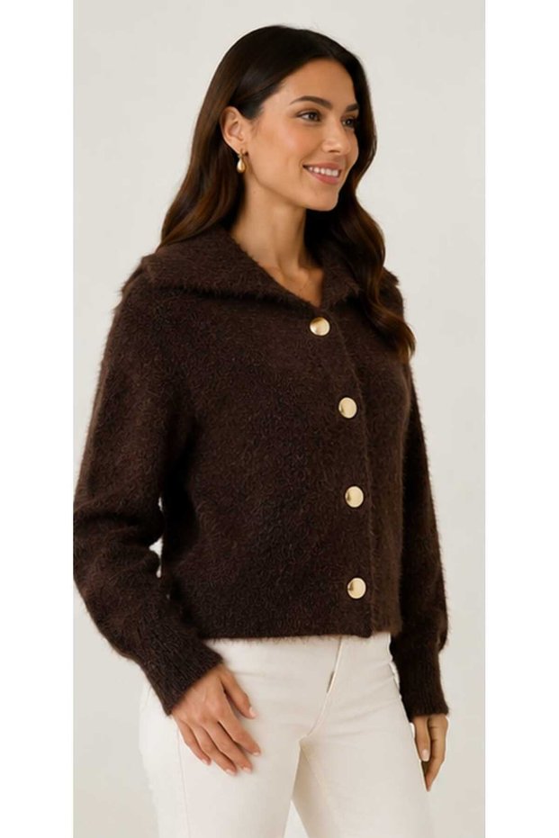 Asez Boutique Women's Soft Textured Fuzzy Bearded Yarn Knitwear Cardigan Shirt Collar Buttoned Long Sleeve 8009