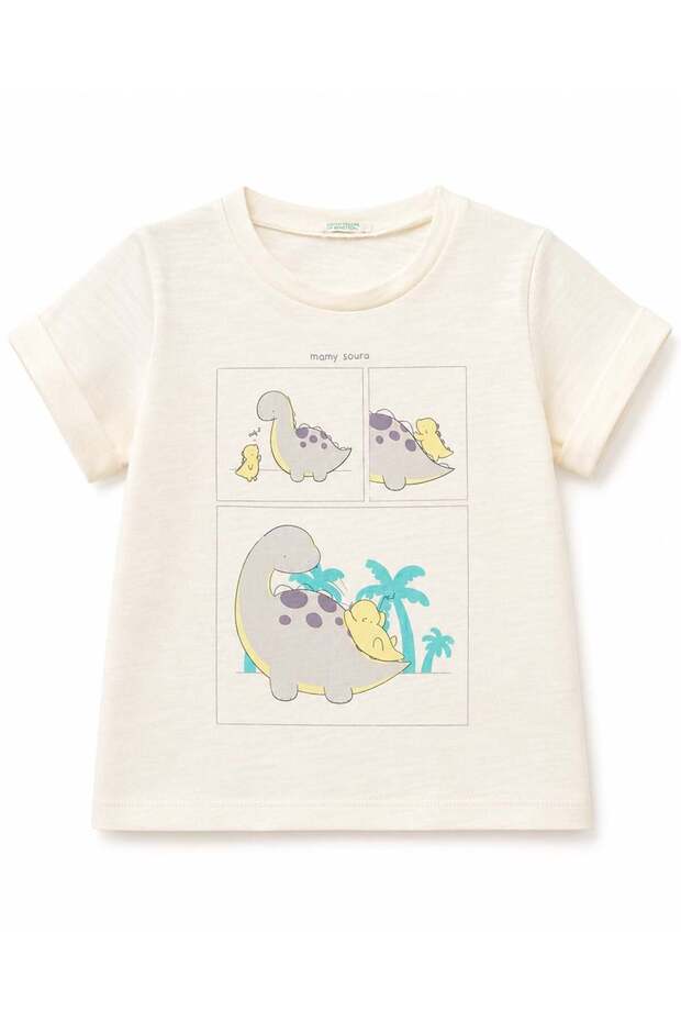 Baby Dinosaur Printed Crew Neck Short Sleeve T-Shirt 0-6 Years Beige