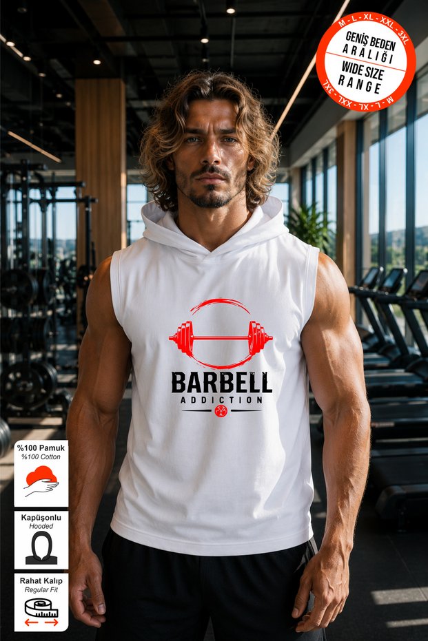 White Sportsman's Tank Top with Barbell Print, Standard Fit, Hooded Cotton Fabric, Sleeveless Men's Tank Top Tshirt