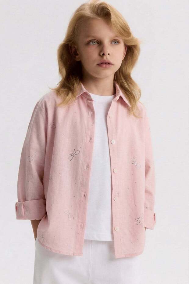 Nk Girl's Bow Stone Detailed Shirt 4-8 Years Old Pink
