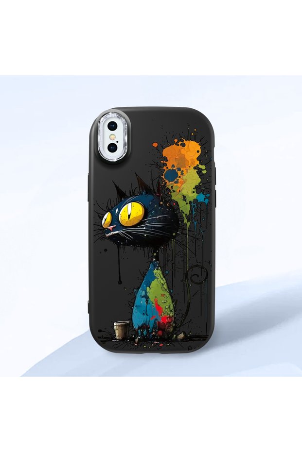 iPhone X/Xs Compatible Graffiti Style Black Cat Phone Case, Shockproof Silicone Case