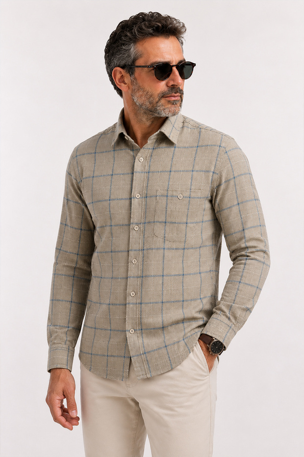 Men's 100% Cotton Checkered Shirt Long Sleeve Relaxed Fit Classic Shirt