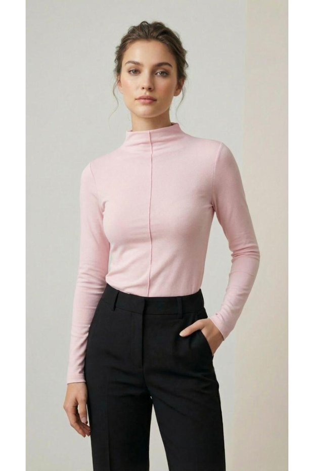 Women's Powder Pink Ribbed Fabric High-Neck Long-Sleeved Blouse with Front Seam Detail