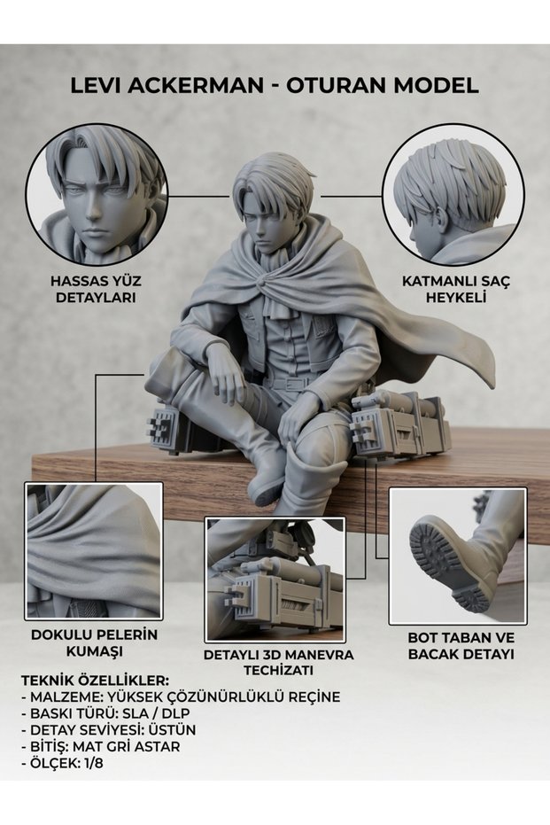 Attack on Titan – Levi Ackerman Oturan 3D Baskı Figürü