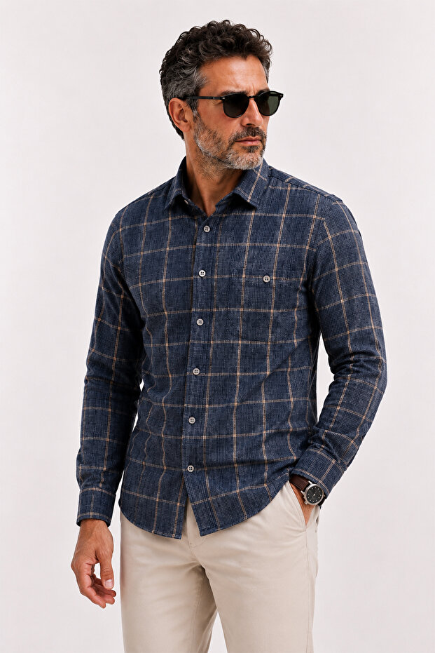 Men's 100% Cotton Checkered Shirt Long Sleeve Relaxed Fit Classic Shirt