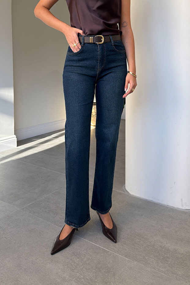 Luna Kemerli̇ Wide Leg Jean- Dark Navy Blue
