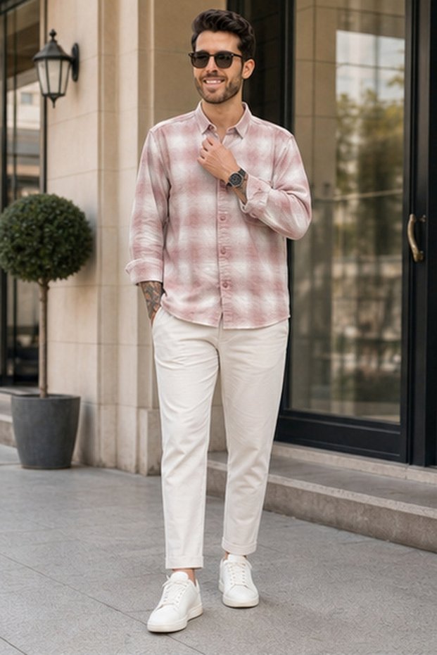 Men's Slim Fit Checked Cotton Long-Sleeve Shirt - Fawn