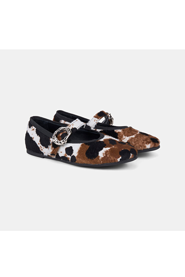 Women's Black Thai Feather Textured Patterned Mary Jane Ballerinas