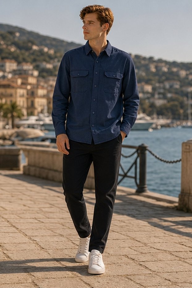 Men's Regular Fit Solid Long-Sleeve Shirt - Navy