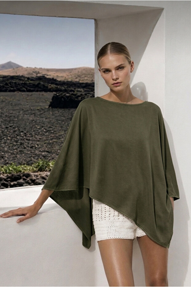 Green Poncho Off-The-Shoulder Asymmetrical Cut Cape Blouse