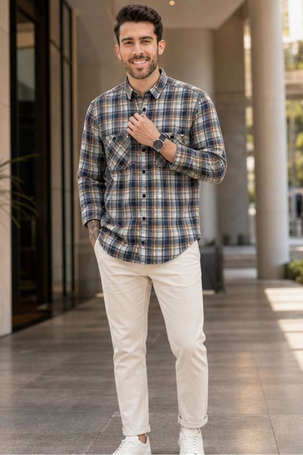 Men's Slim Fit Checked Cotton Long-Sleeve Shirt - Mustard