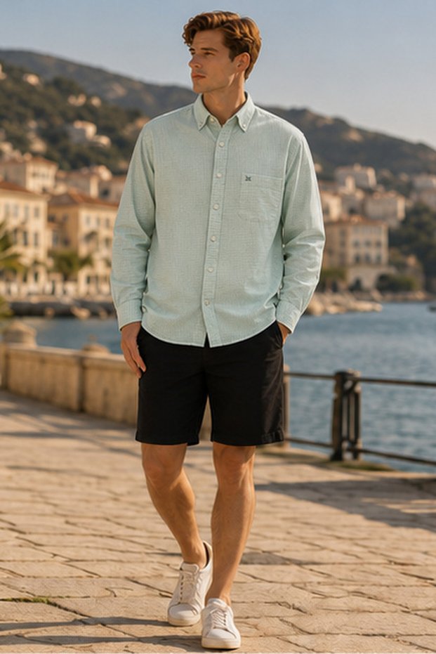 Men's Slim Fit Checked Cotton Long-Sleeve Shirt - Green