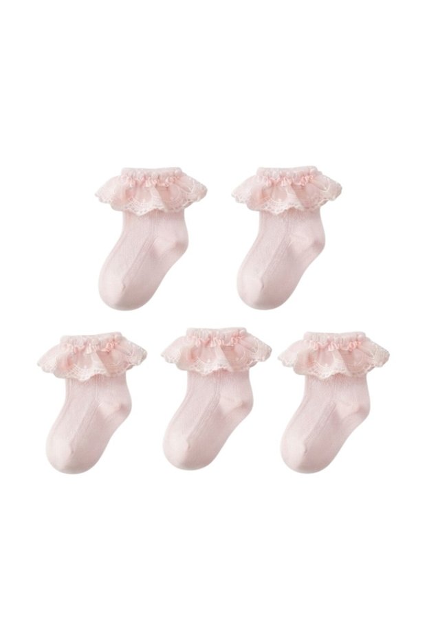 - Baby Girls Eyelet Lace Ruffle Ankle Socks 5-Pack – Soft Cotton Socks - 0Y to 12Y