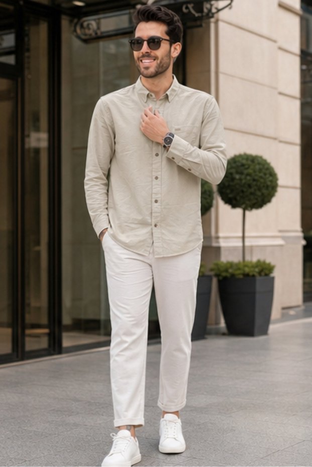 Men's Slim Fit Solid Long-Sleeve Shirt - Beige
