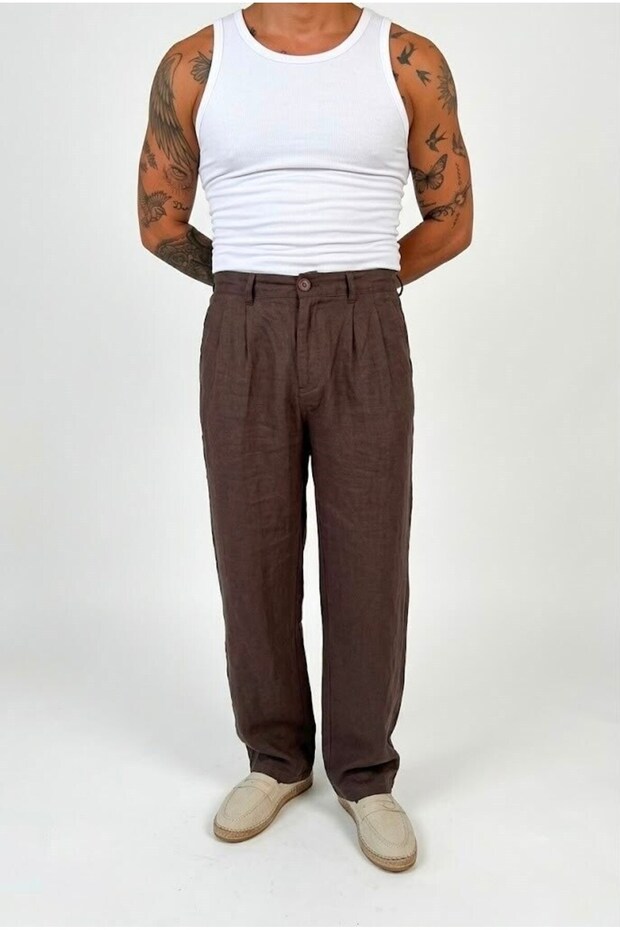 Baggy Raw Linen Trousers Brown